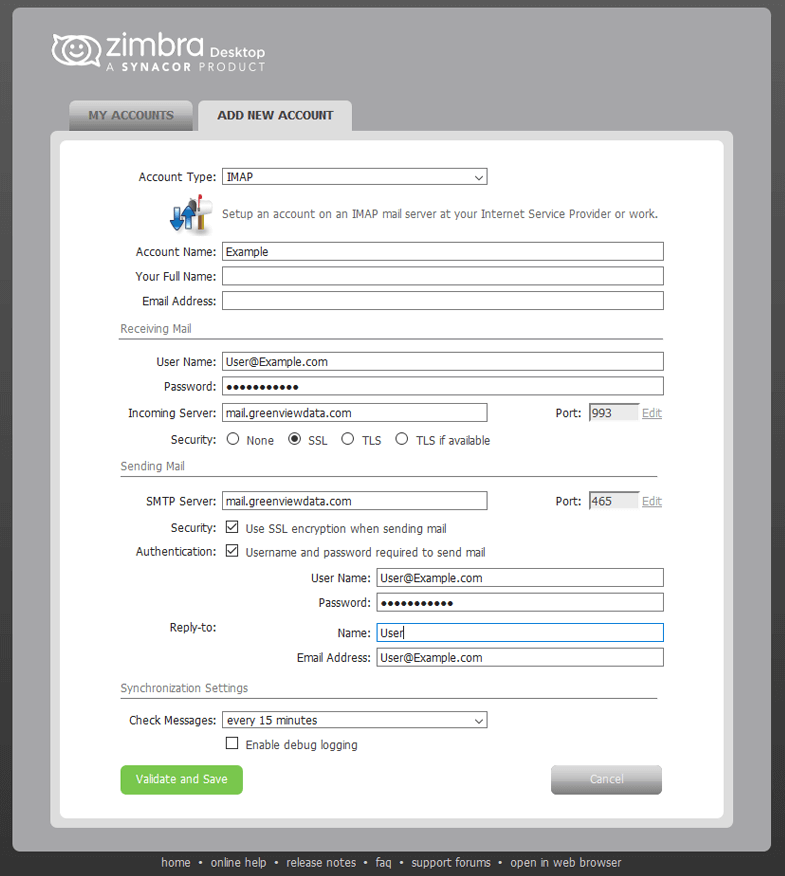 zimbra email client setup screenshot